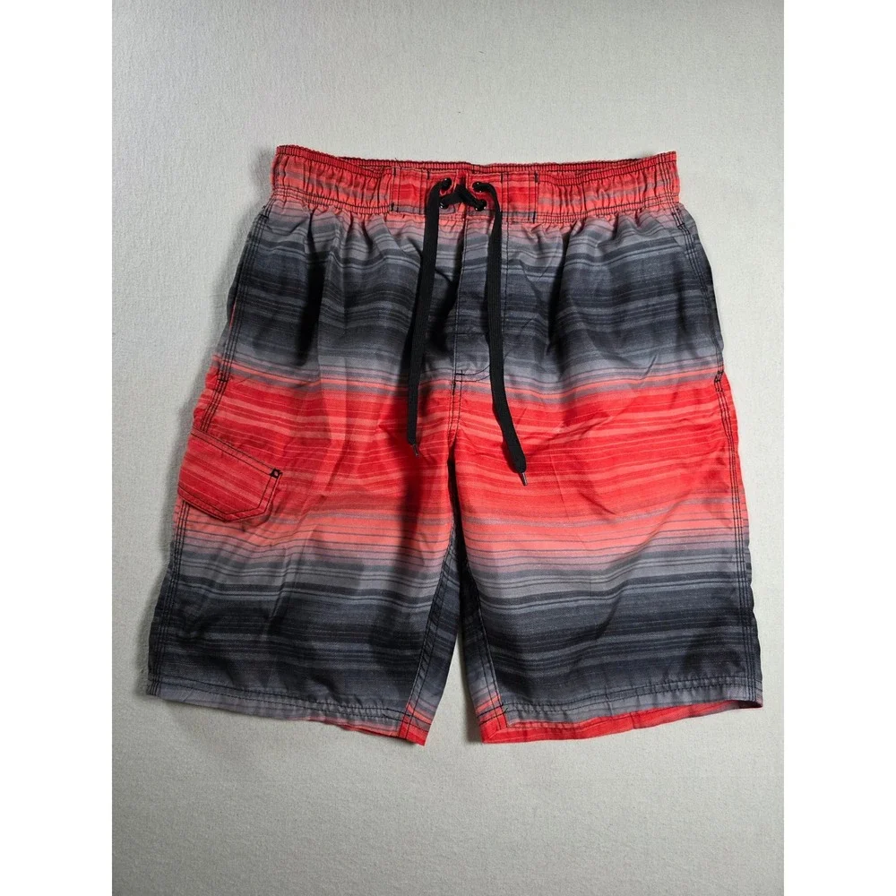 Kanu Surf Mens Medium Red Black Ombre Striped Swim Trunks Cargo Board Shorts